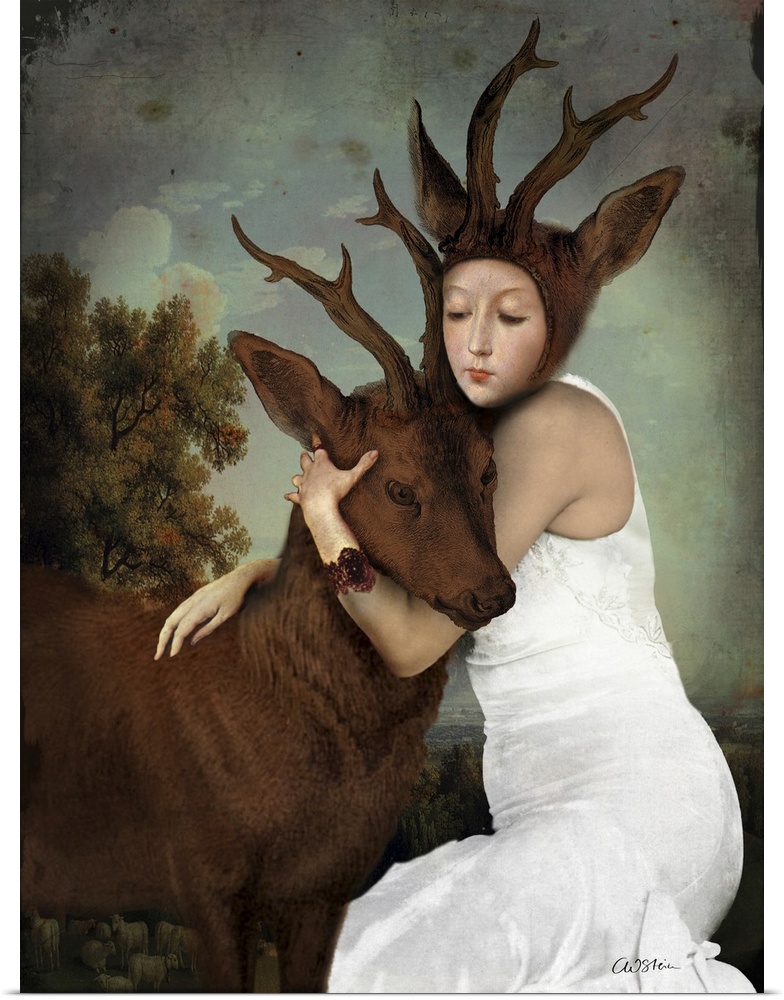 A lady with antlers and ears is hugging a stag.