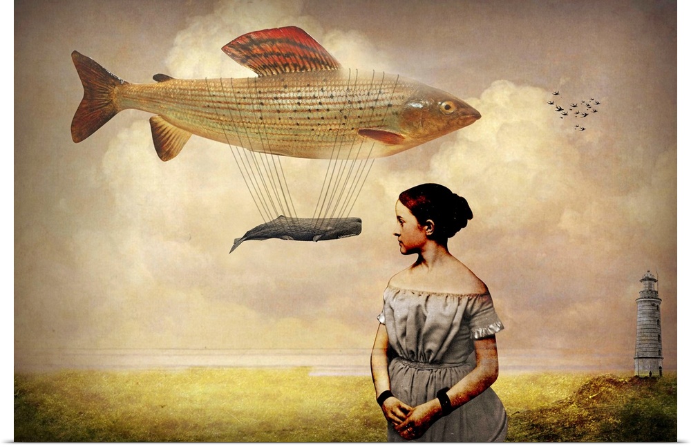 A digital abstract composite of a woman with a fish and whale floating in the sky.
