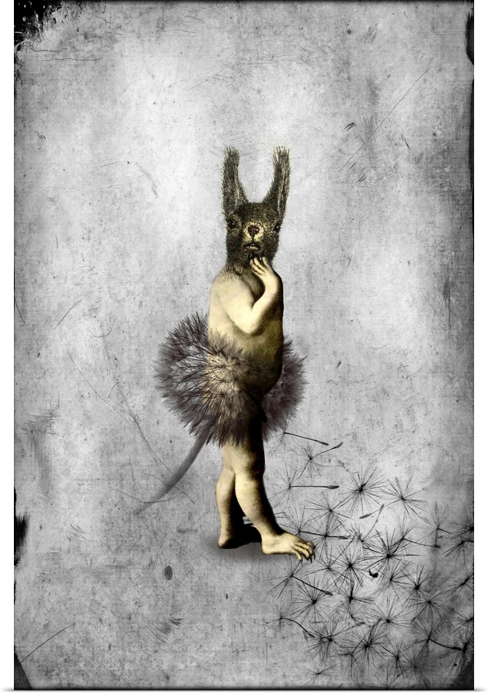 A digital composite of a mythical creature made up of a human, squirrel and dandelion with a textured gray background.