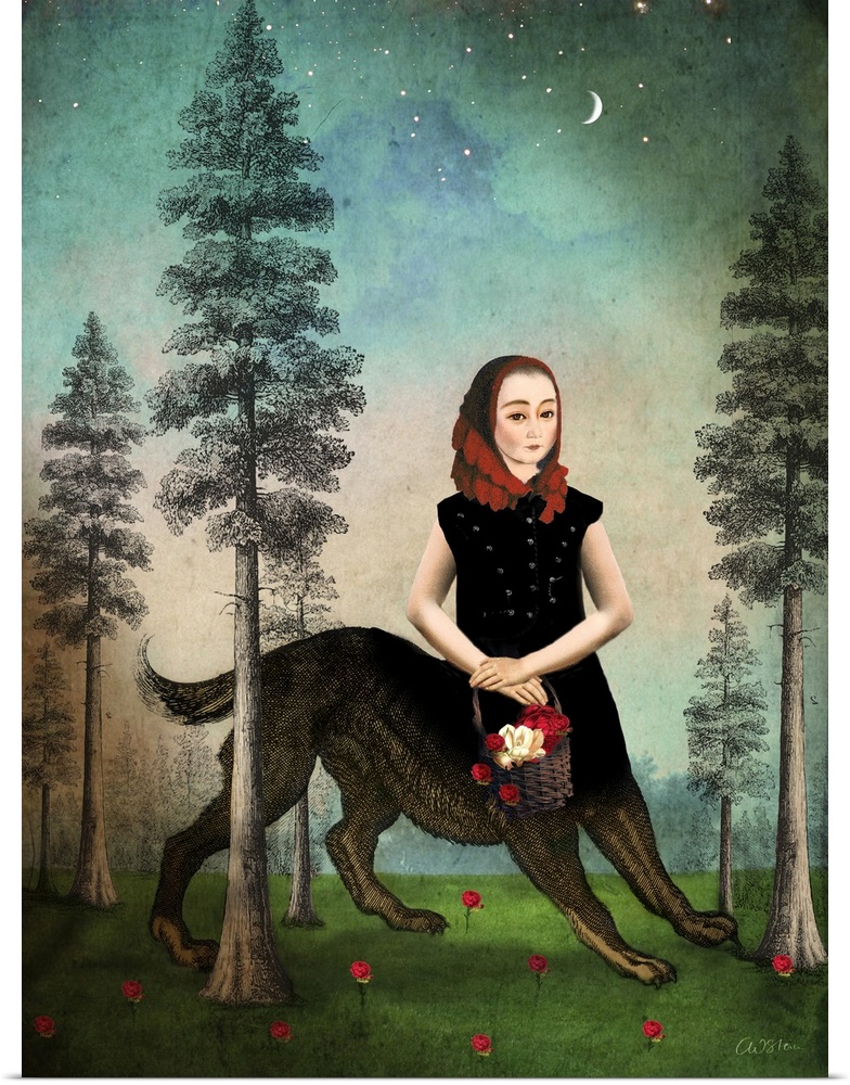 A girl that is half wolf is walking through the woods with a basket of flowers.