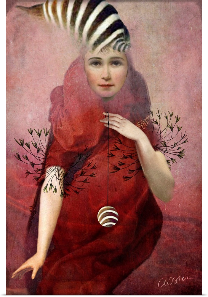 A composite image of a woman in red holding a yo-yo.