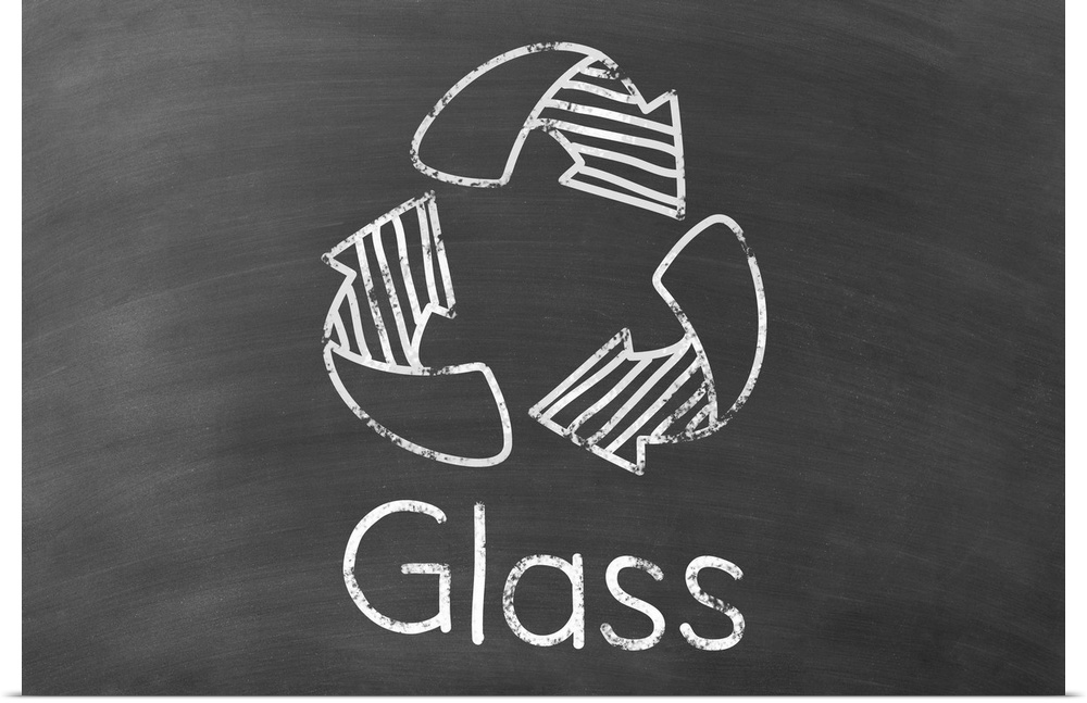 Recycling symbol with "Glass" written underneath in white on a black chalkboard background.