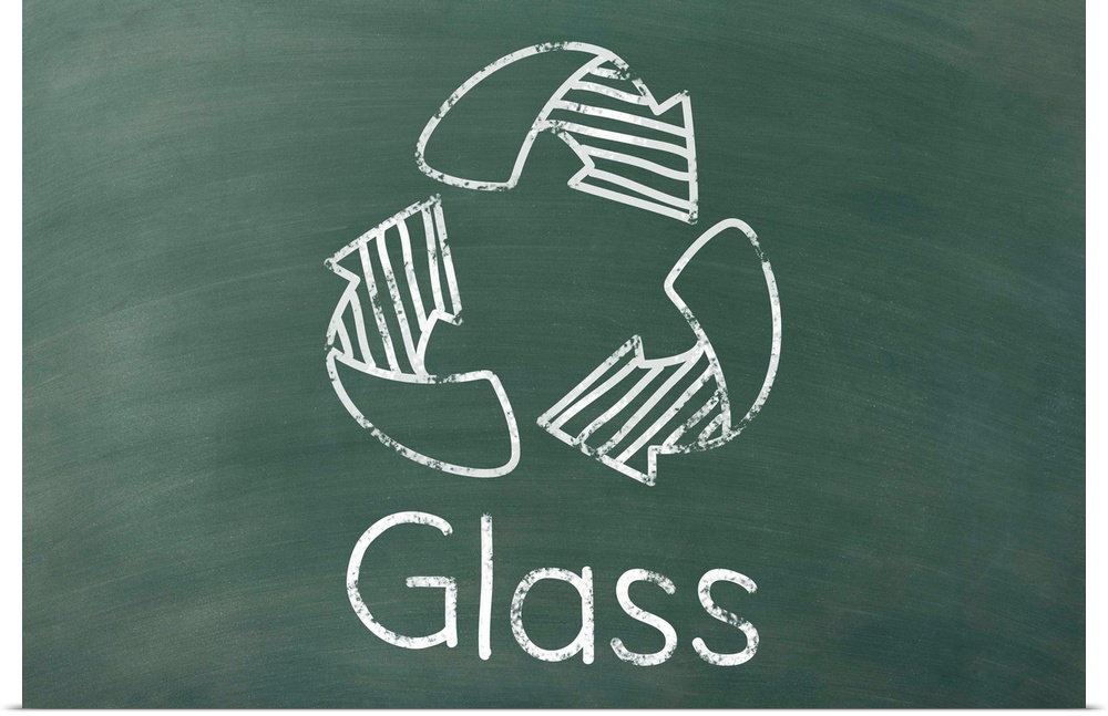 Recycling symbol with "Glass" written underneath in white on a green chalkboard background.