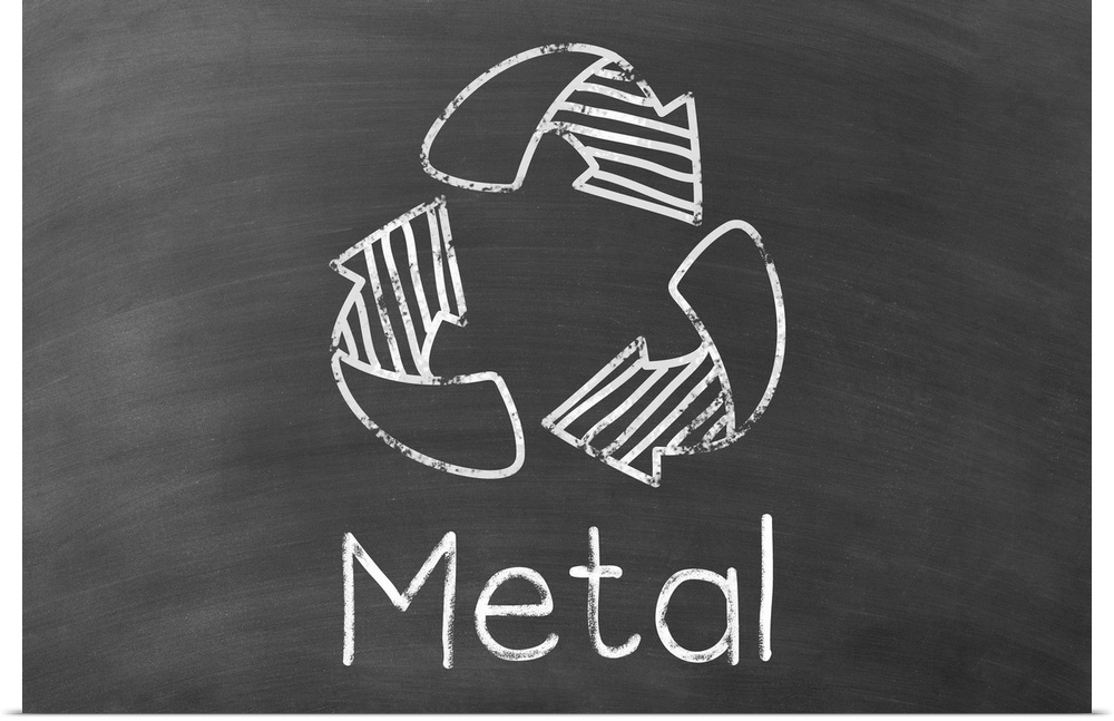 Recycling symbol with "Metal" written underneath in white on a black chalkboard background.