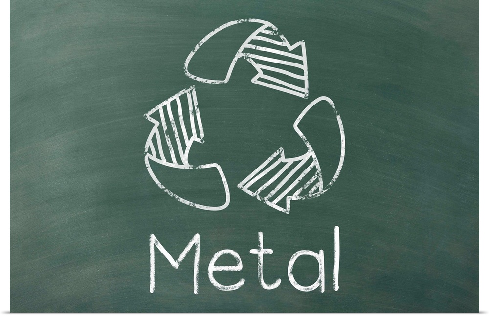 Recycling symbol with "Metal" written underneath in white on a green chalkboard background.