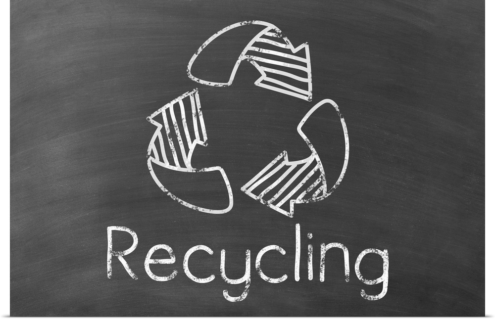 Recycling symbol with "Recycling" written underneath in white on a black chalkboard background.