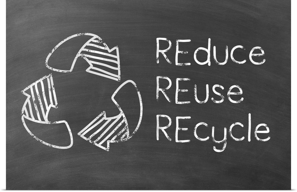REduce REuse REcycle and the recycling symbol written in white on a black chalkboard background.