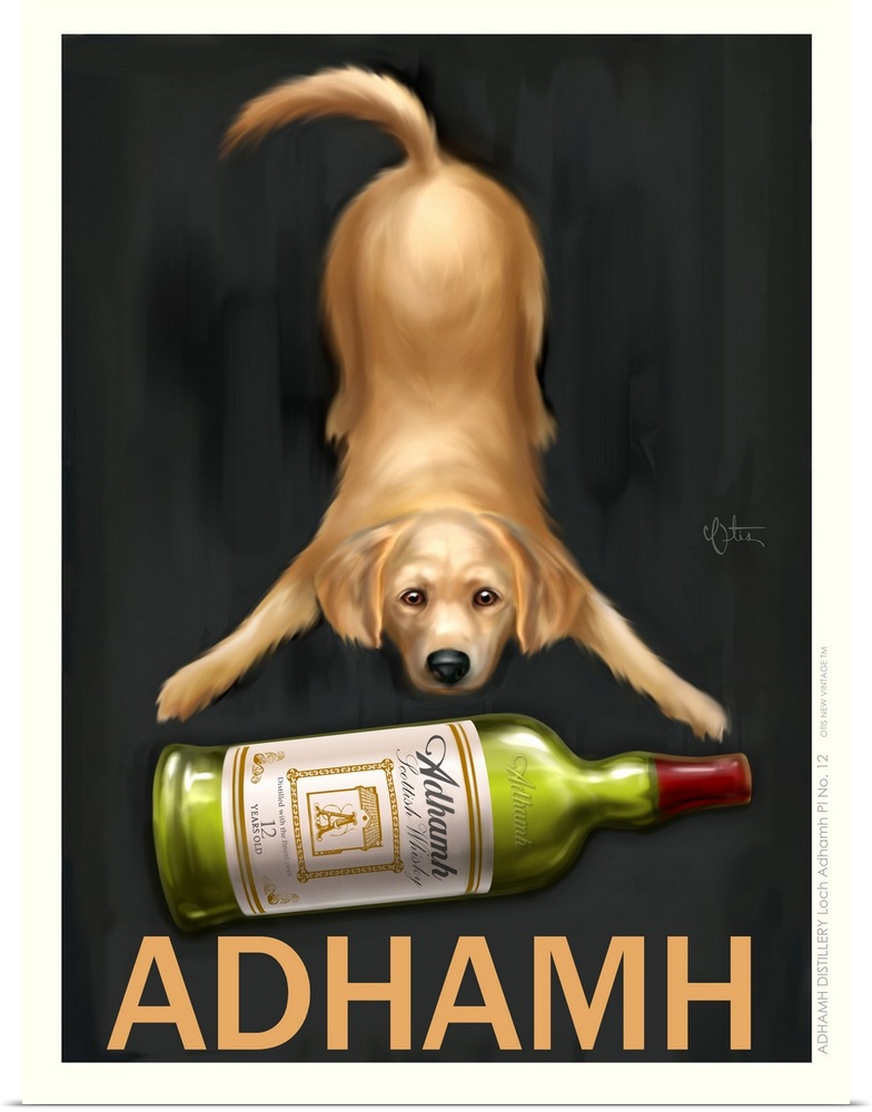Retro style advertising poster featuring Golden Retriever with Scottish Whisky