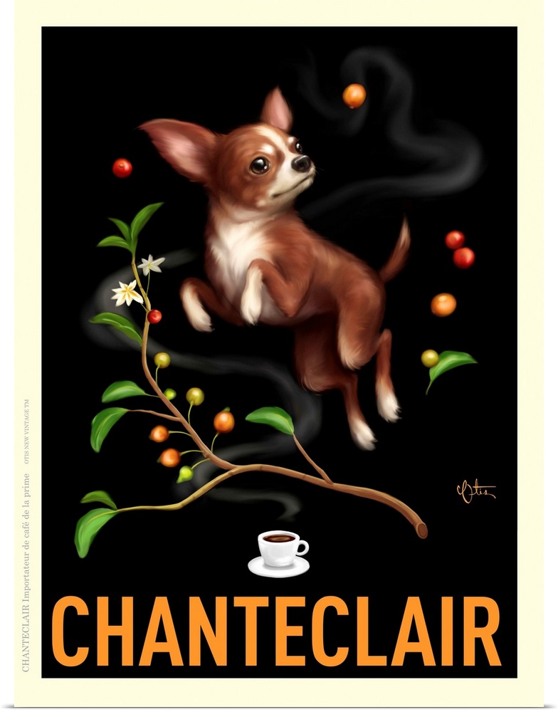 Retro style advertising poster featuring Chihuahua with coffee branch