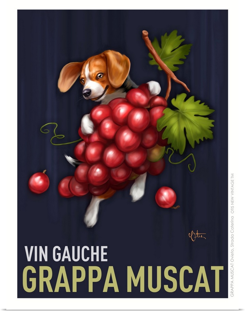 Retro style advertising poster featuring Beagle with French Wine Grapes