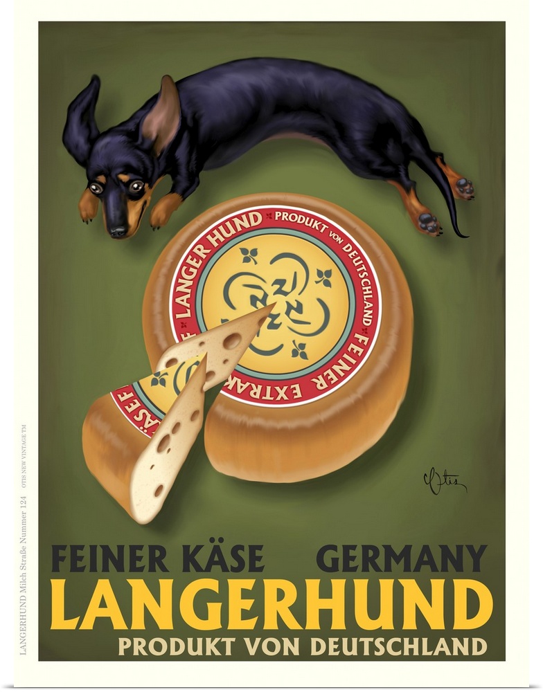 Retro style advertising poster featuring Dachshund with German Cheese