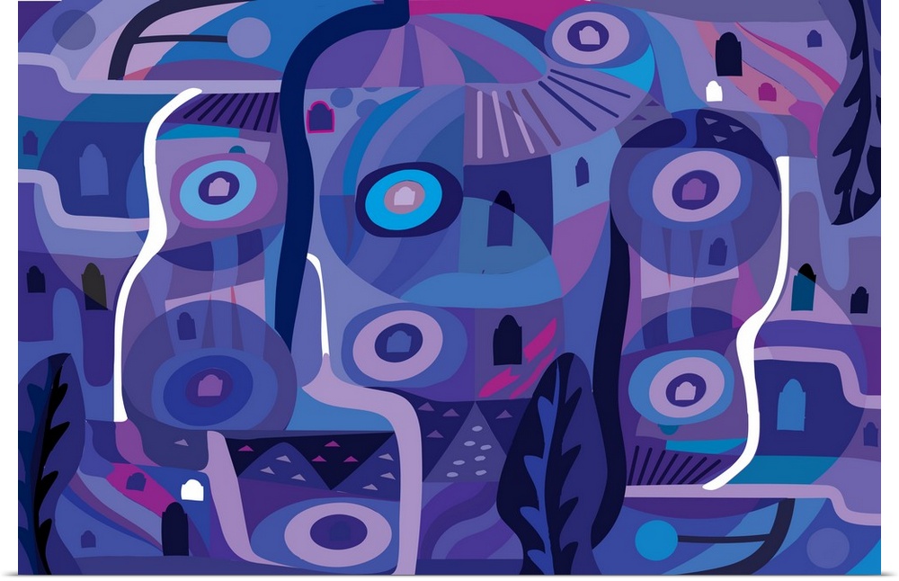 A digital abstract landscape with circular shapes in vibrant shades of purple.