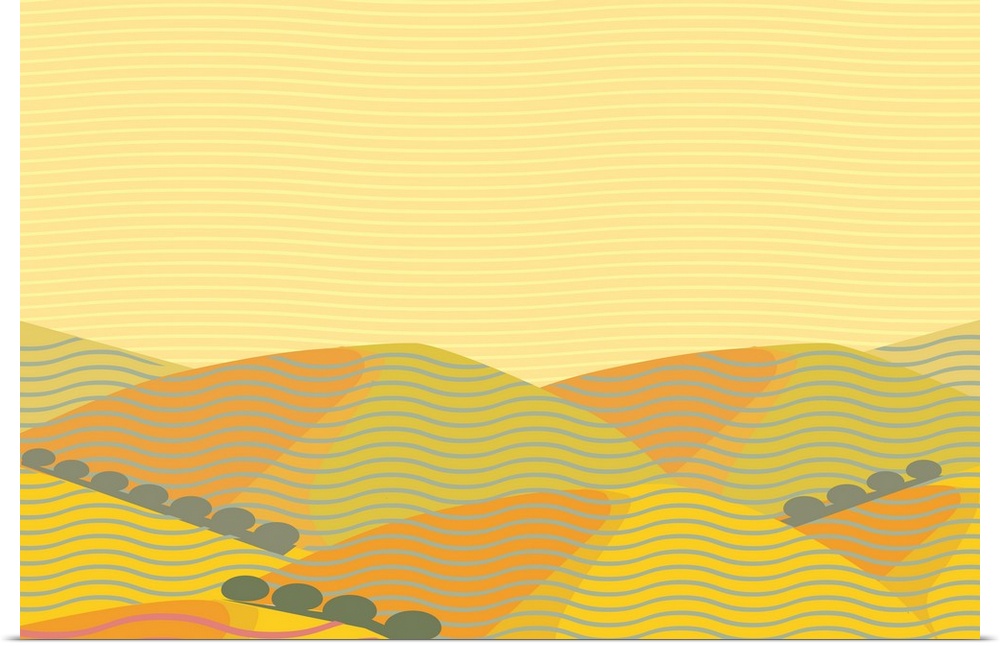 A horizontal hilly landscape in shades of yellow with curvy lines.