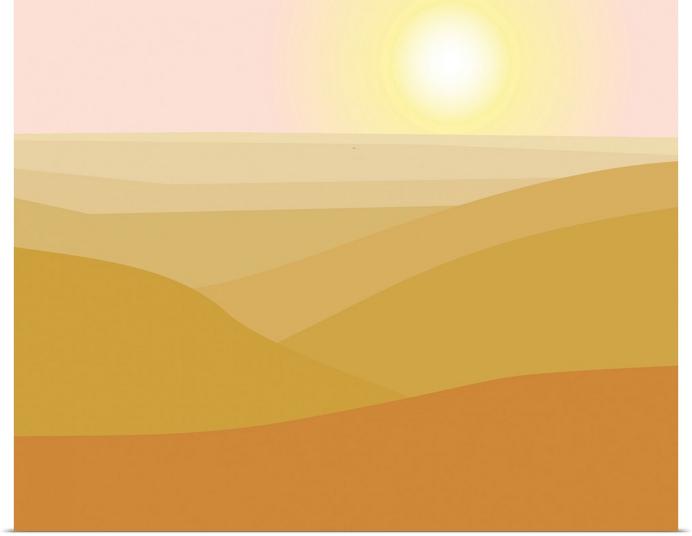 A digital landscape of rolling hills with a sunrise in various shades of yellow.