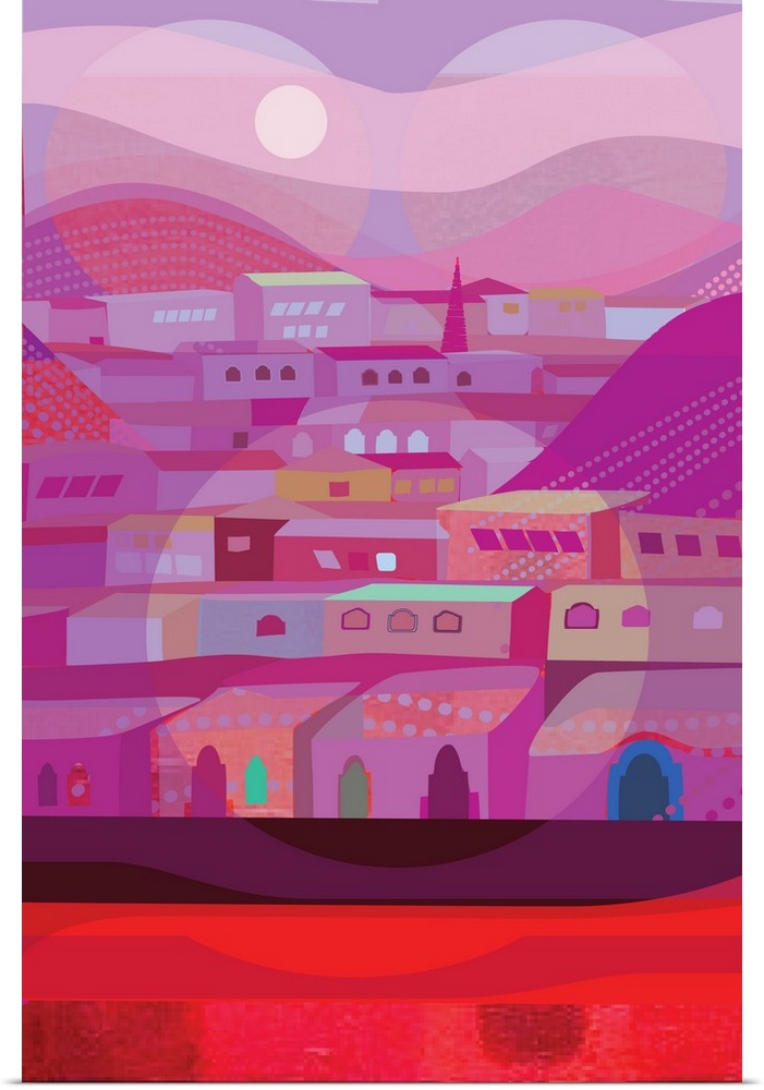A vertical illustration of houses near mountains, in various shades of pink with light circular areas.