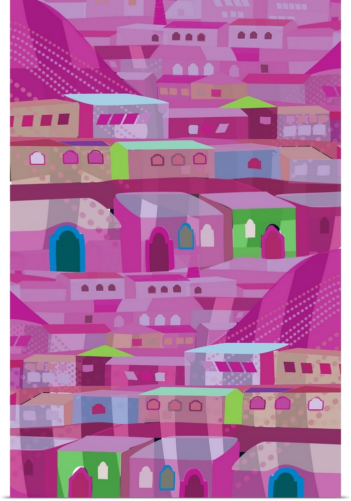 A vertical illustration of rows of houses  in various shades of bright pink with accents of green.