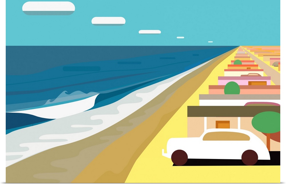 A horizontal digital illustration of a beach with rows of cottages and a parked car.