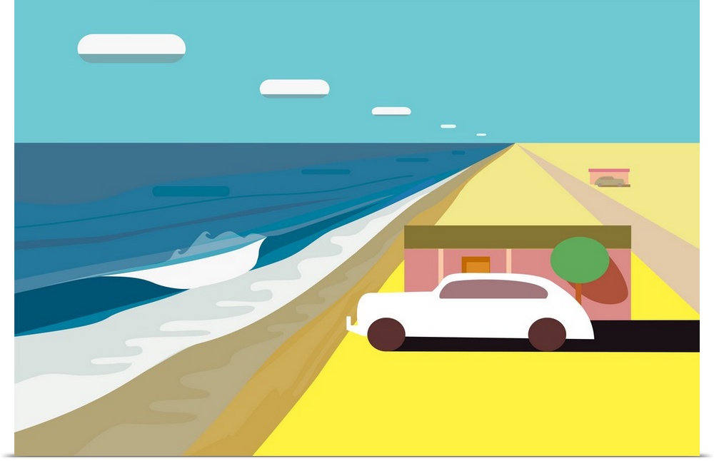 A horizontal digital illustration of a beach with a single house and a parked car.