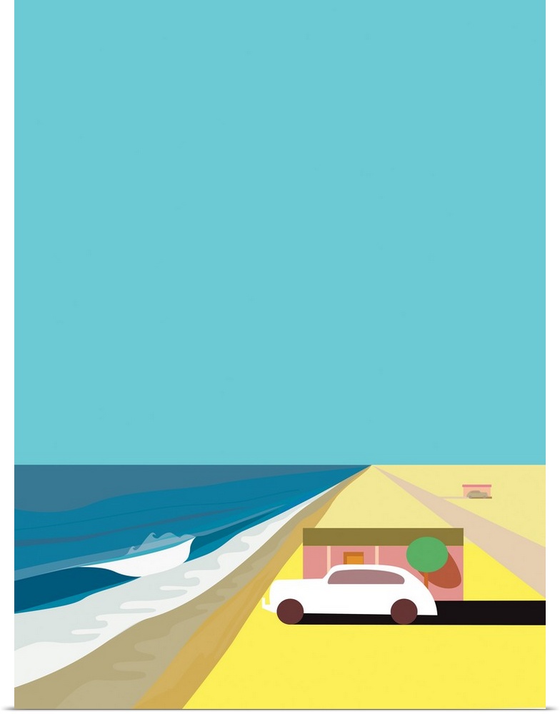 A vertical digital illustration of a beach with a single house and a parked car.