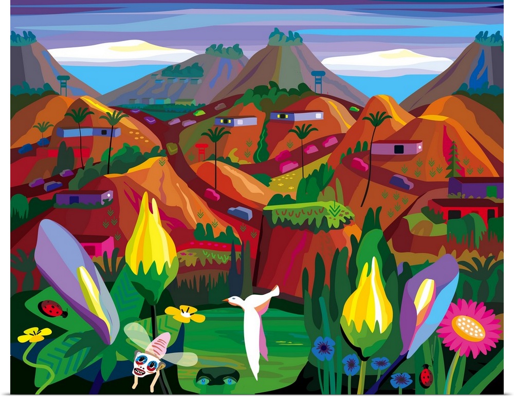 A colorful illustration of a country landscape with cars driving throughout the hillside and vibrant flowers in the foregr...
