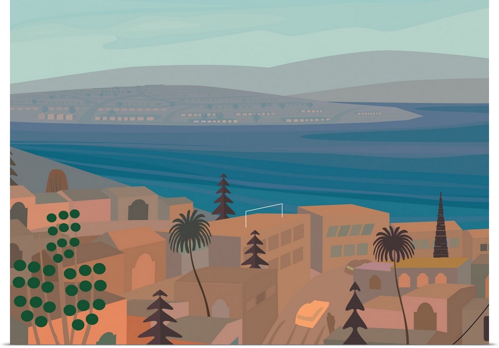 Mexican town by the sea and desert. Illustration and painting.