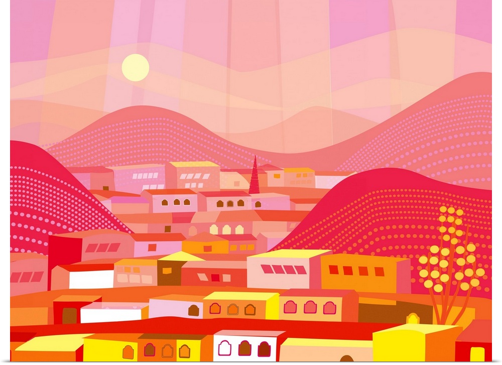 Brightly colored and abstract impression of mountain town in Mexico.