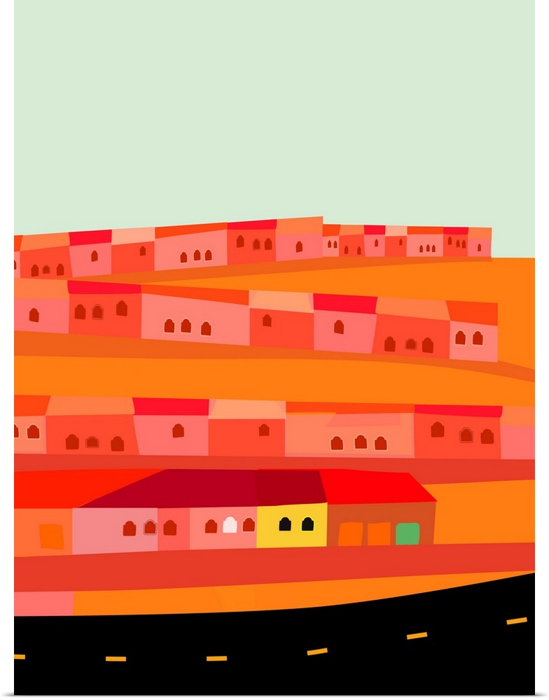 Artistic digital illustration in hues of vibrant orange of a village along a hillside.