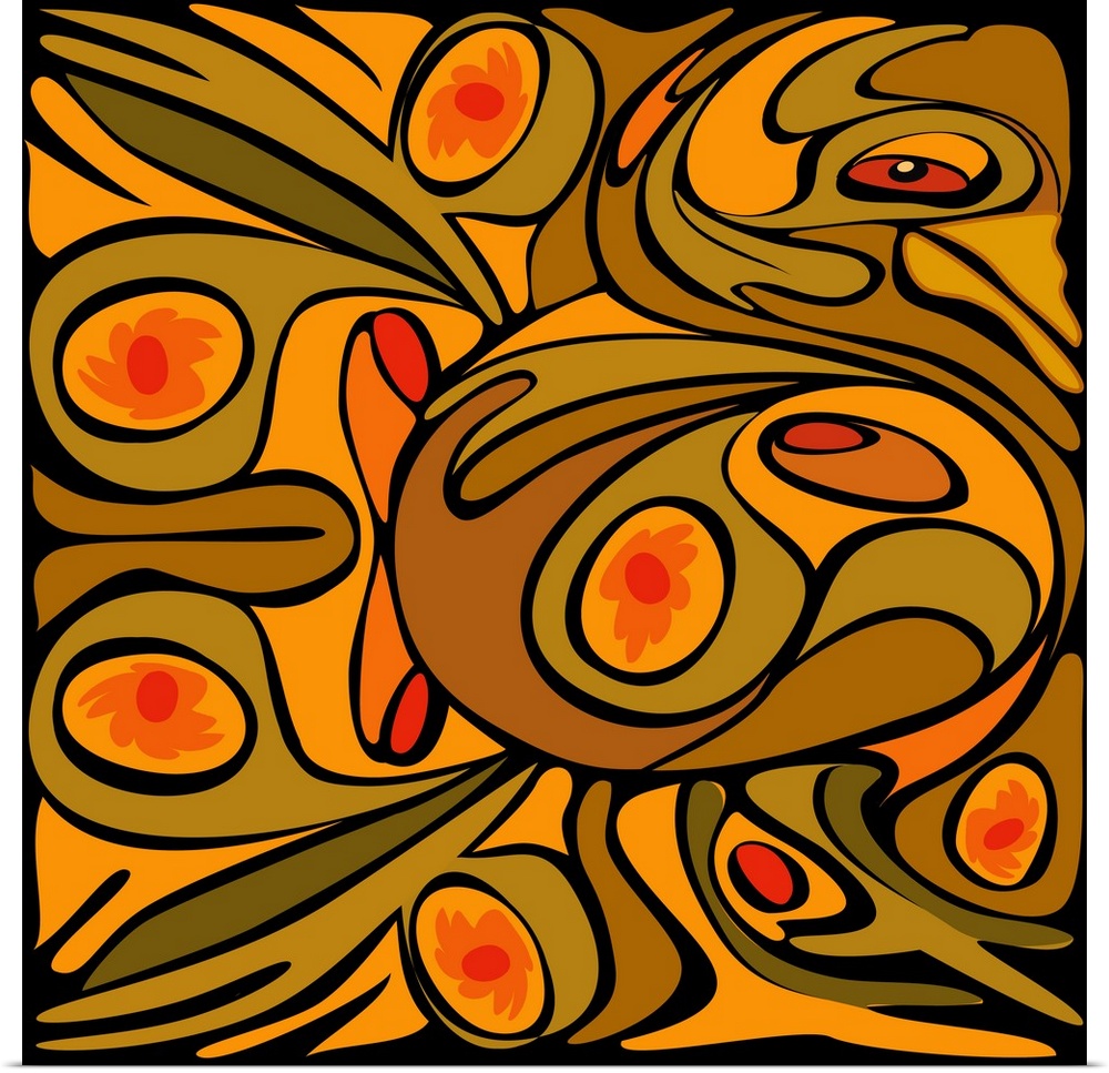 A square design of abstract curved shapes and floral patterns within circles in shades of orange and brown.