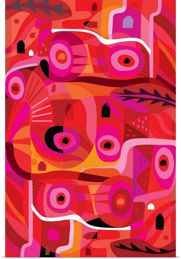 A digital abstract design with circular shapes in vibrant shades of pink and red.
