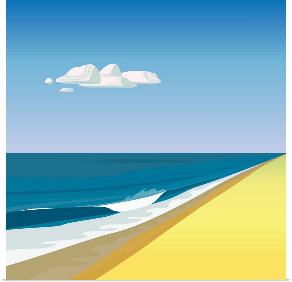 A simple, clean illustration of waves on a beach and a single cloud.