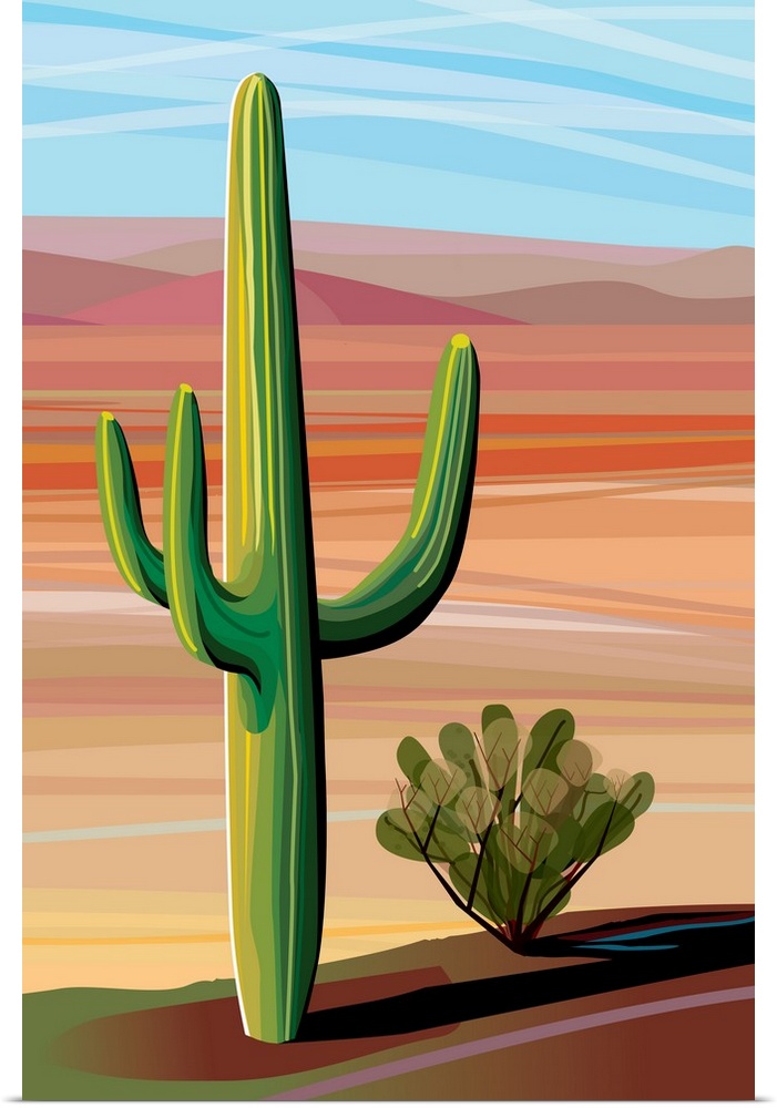 Digital illustration of two different cacti in the middle of the desert.