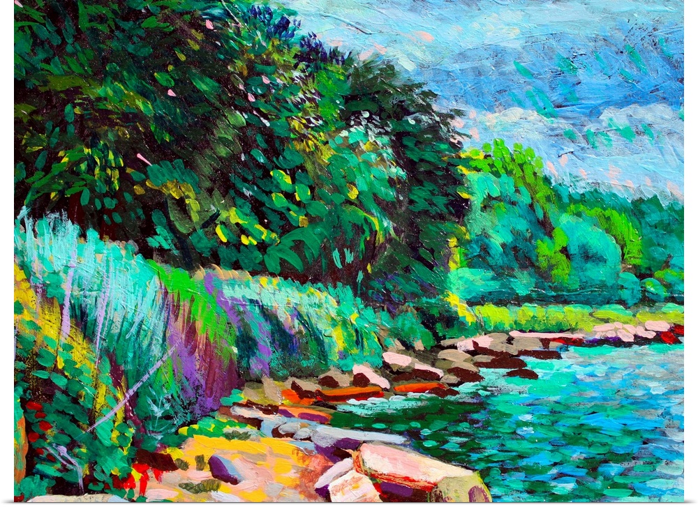 This contemporary artwork is a painting of a natural stretch of shoreline in summertime along Hudson River, New York/New J...