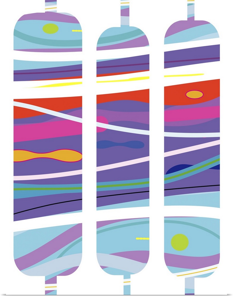 Abstract shapes aquamarine pattern, vertical with purple, pink, cool colors like guatemalan textiles.