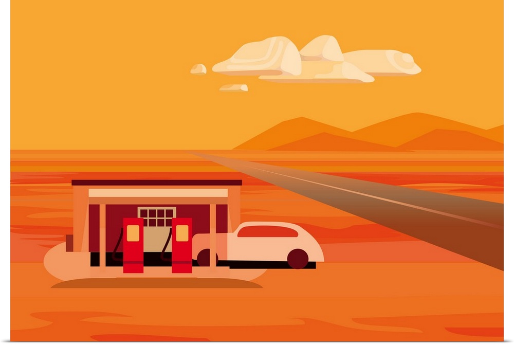 A digital illustration of a gas station in a desert area of Nevada.