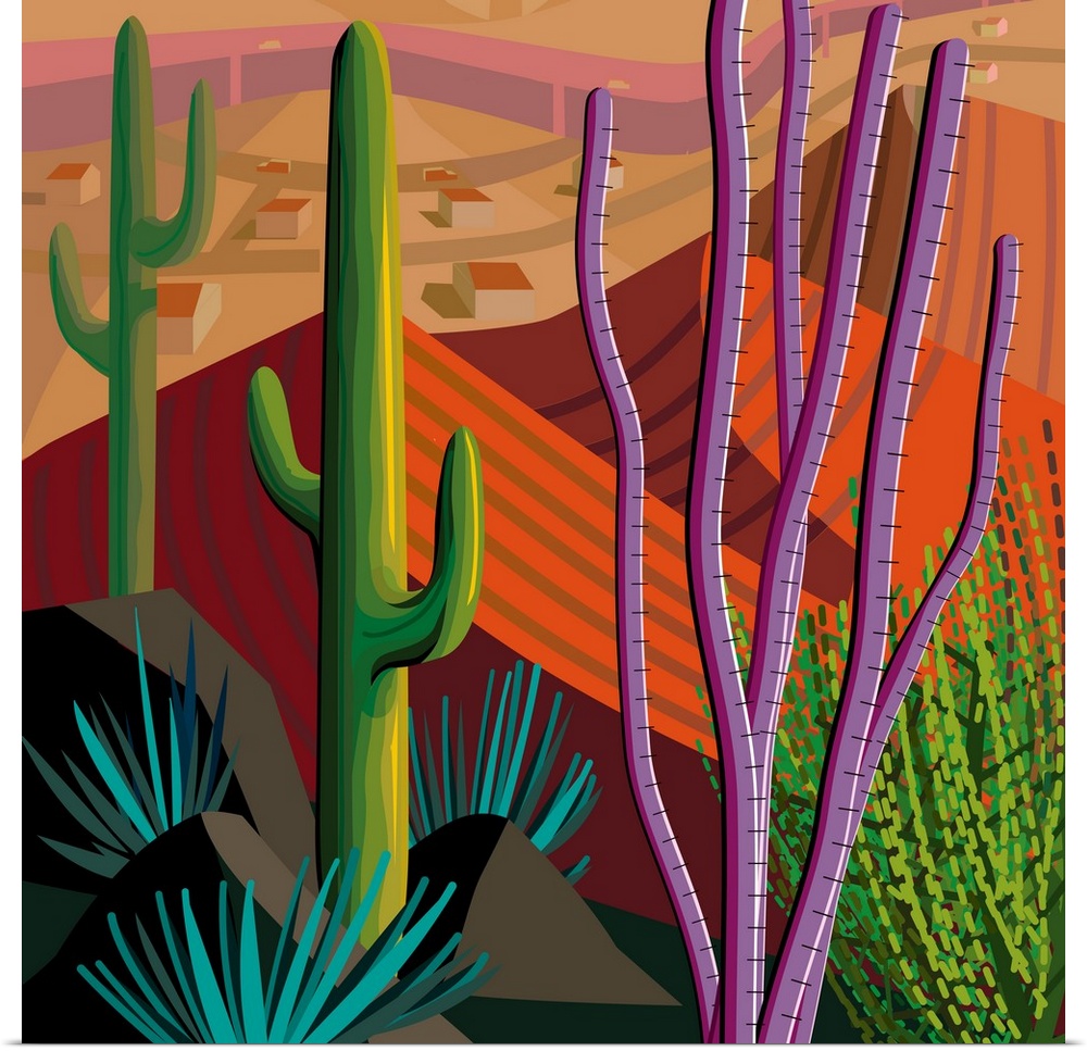 Square digital illustration in vibrant colors of Tucson, Arizona.