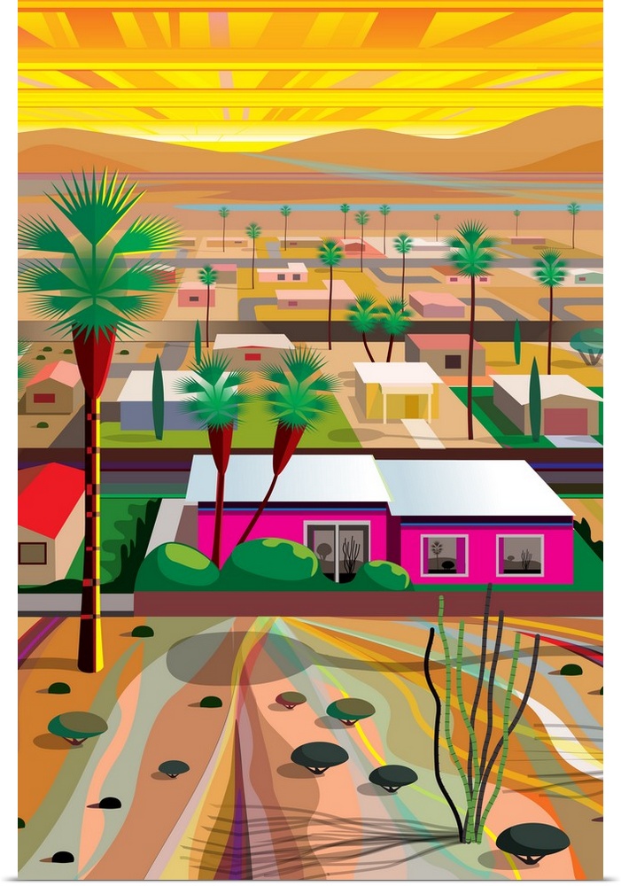 Vertical digital illustration of an Arizona town with homes in the middle of the desert and tall palm trees surrounding.