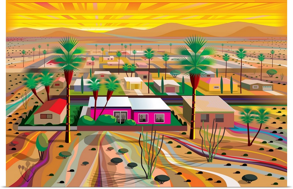 Horizontal digital illustration of an Arizona town with homes in the middle of the desert and tall palm trees surrounding.