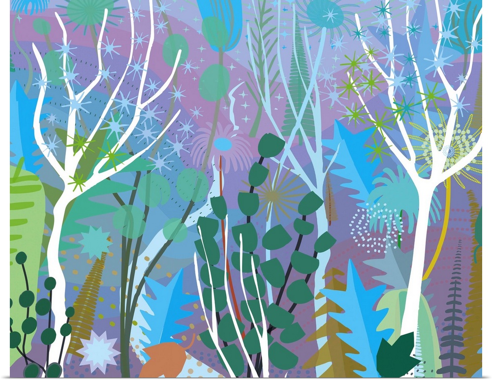 Close up of stylized blowing forest landscape in pastel blues and purples.