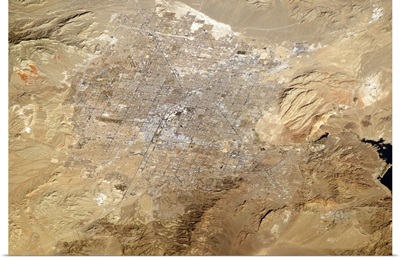 Las Vegas, Nevada, with The Strip visible from orbit, and Lake Mead at far right