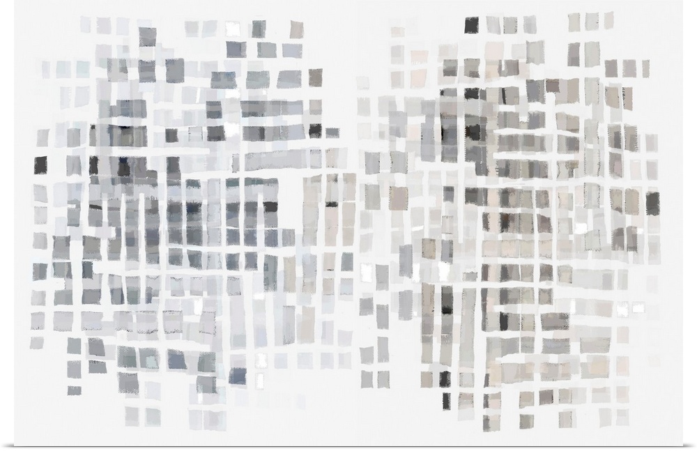 A contemporary abstract piece with a grid of grey and beige squares on a white background