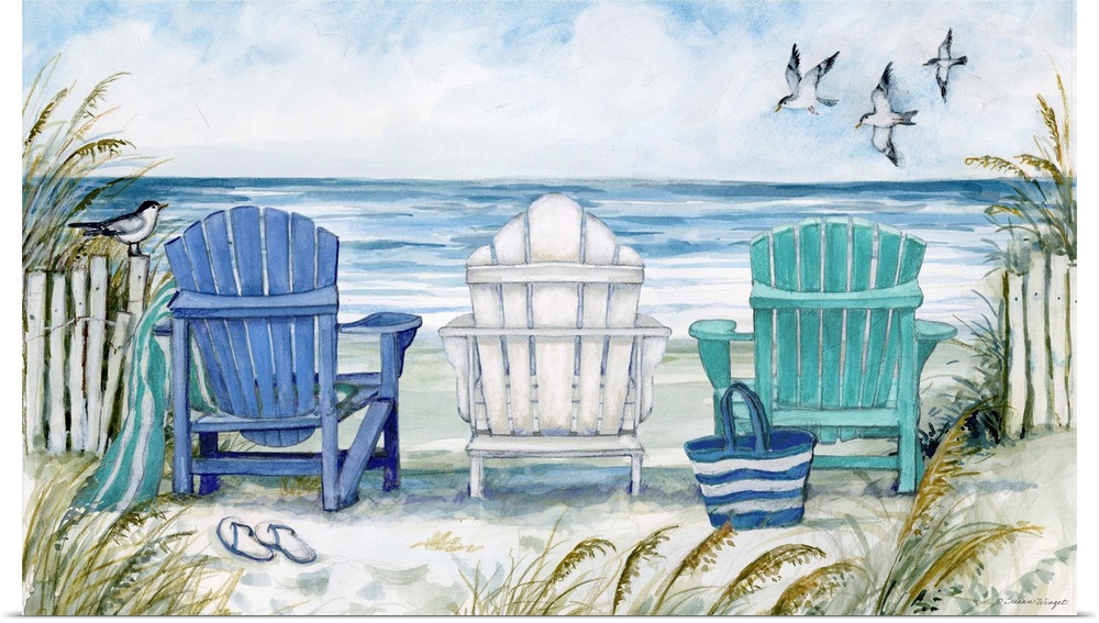 A charming Adirondack beach chair scene captures the relaxation of the coast.