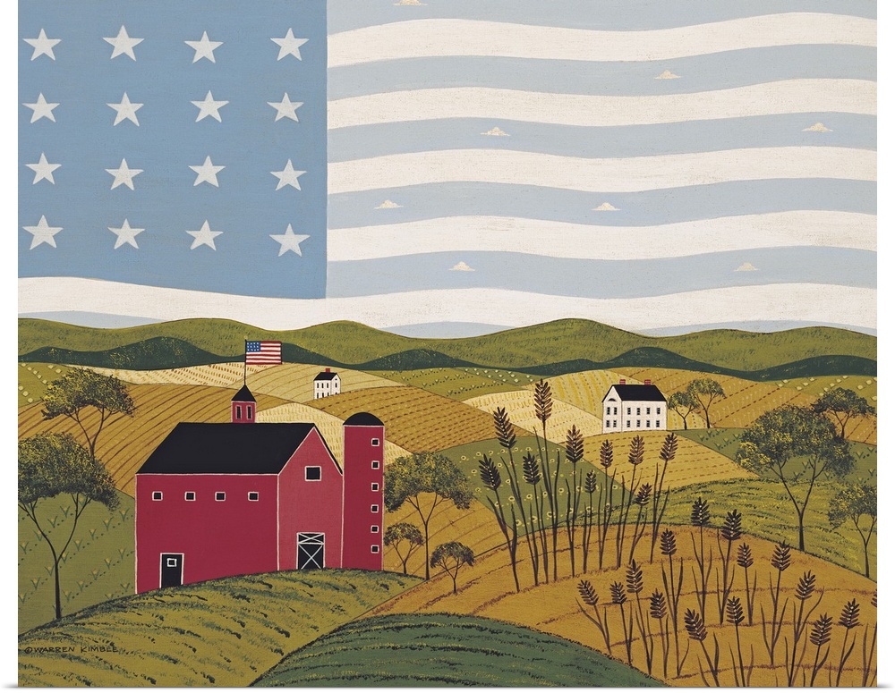 Painting on canvas of a countryside with an American flag flying on top of a barn as well has in the sky.