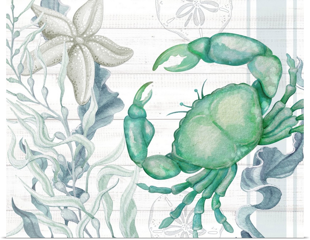 The popular crab featured in this sea-glass toned art is perfect for any beach house decor!