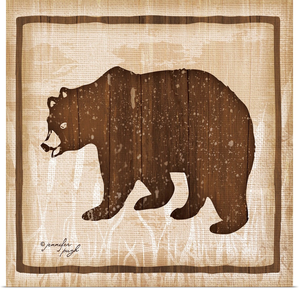 Distressed cabin decor themed artwork of a semi-silhouetted bear against a light brown background.
