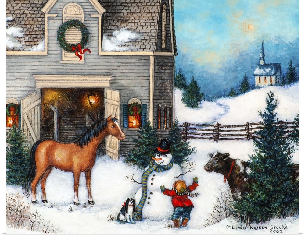 A contemporary painting of a countryside village scene at Christmas.