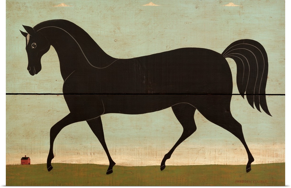 Americana horse scene by renowned folk artist Warren Kimble. Large stallion painted on wood panel.