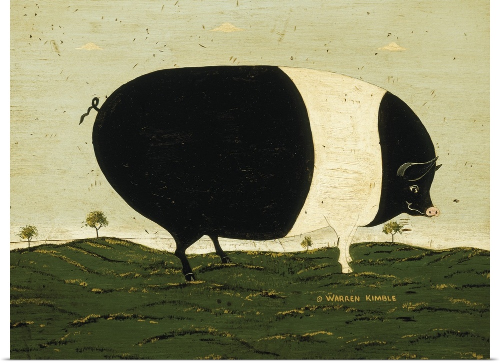 Americana farm animal scene by a renowned folk artist.  A huge striped pig is grazing in a meadow with small trees in the ...