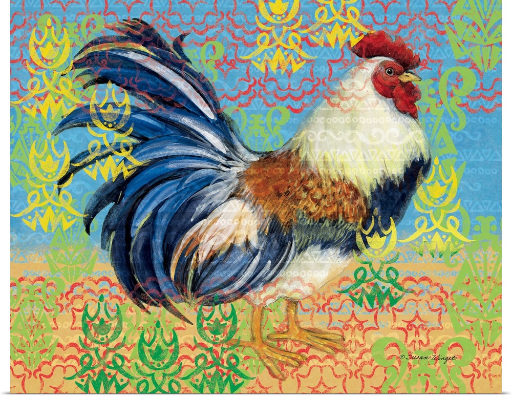 Striking depiction of rooster adds a dynamic touch to any decor.