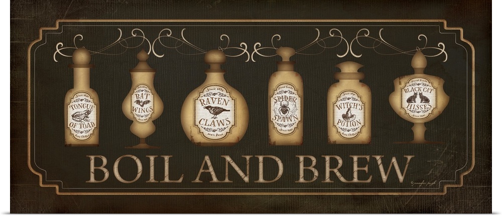 Halloween themed typography artwork with potion bottles and decorative accents against a black background.