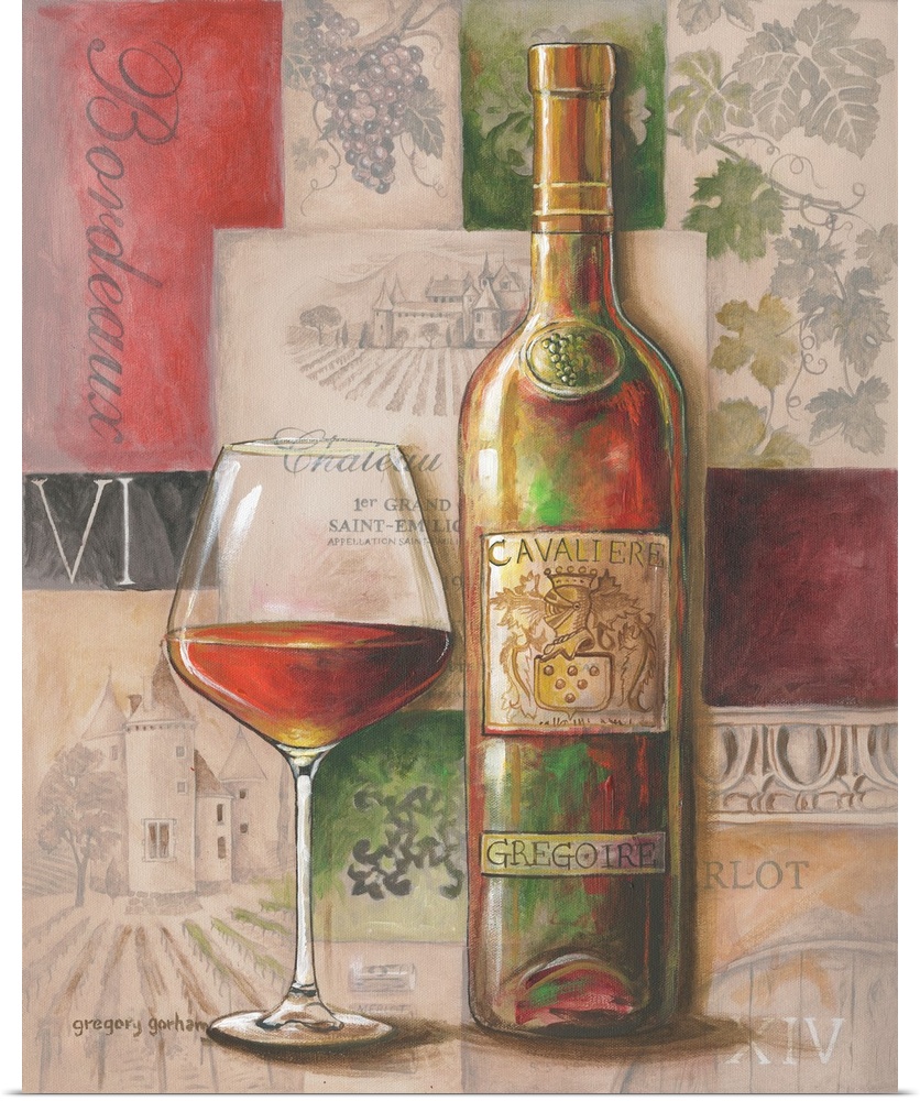 Classic wine tableau scene adds an elegant touch to a dining room kitchen or study.